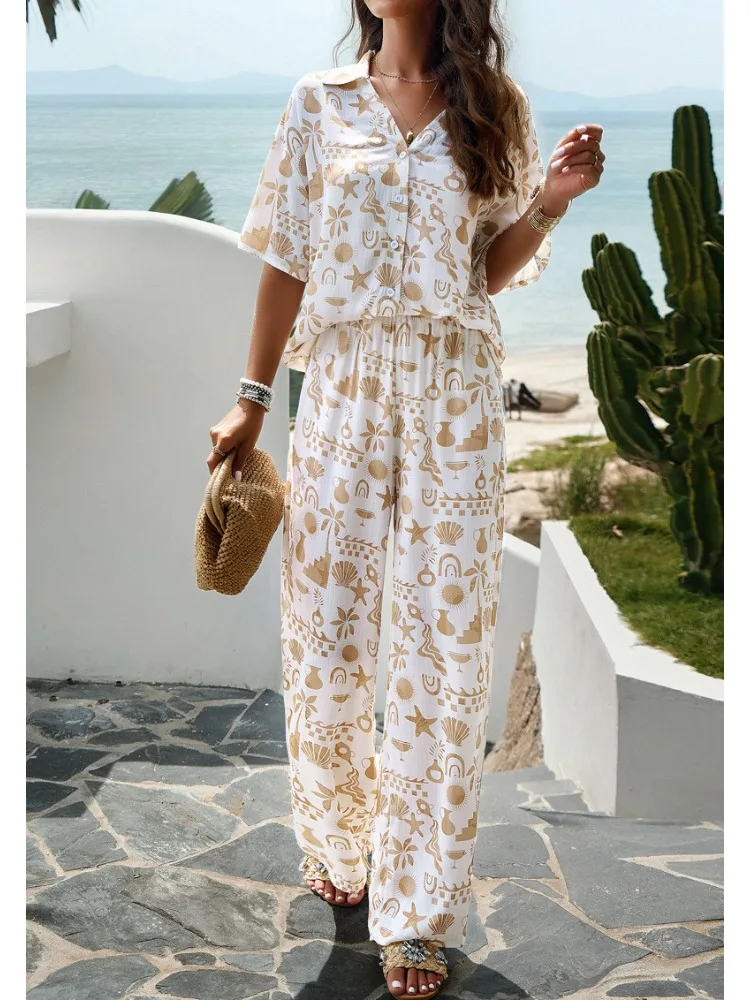 FTLZZ Spring Summer Women Pants Two Piece Sets V-neck Button Tops and Wide-leg Trousers Casual Lady Floral Print Suits