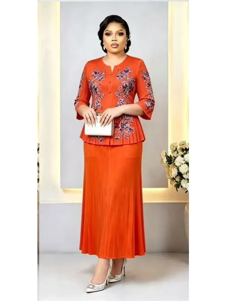 

Miyake Loose V-neck Suit Women Clothing Printing Fashionable and Elegant Temperament Pleated Skirt Two-piece Set 2026 Summer New