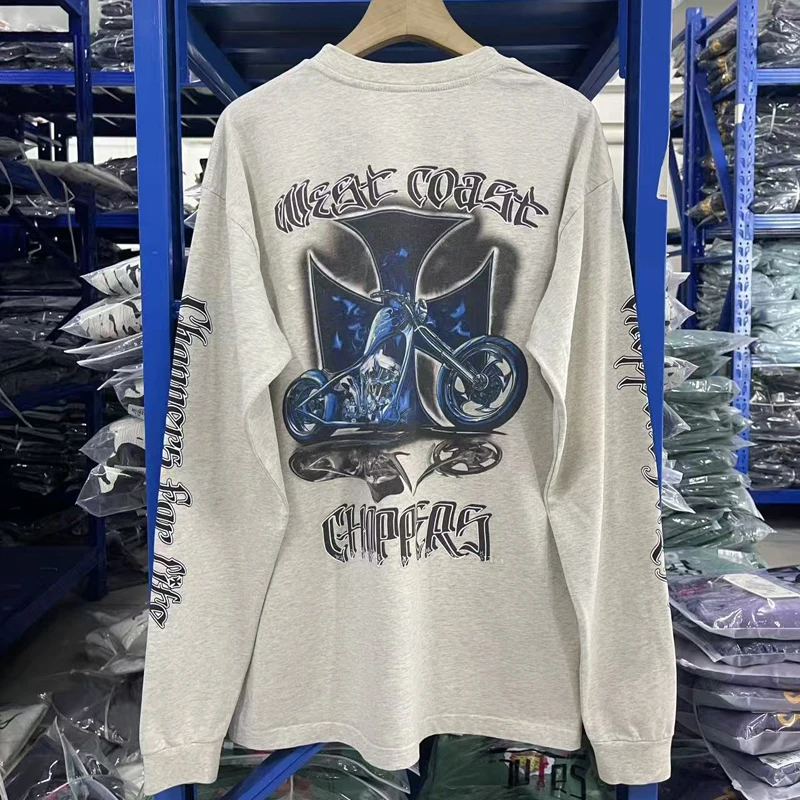 

Gray Long Sleeve Weat Coast Choppers Motorcycle Cross Print T-shirt Men Women Retro Washed Loose Round Neck T Shirt Tops Tee