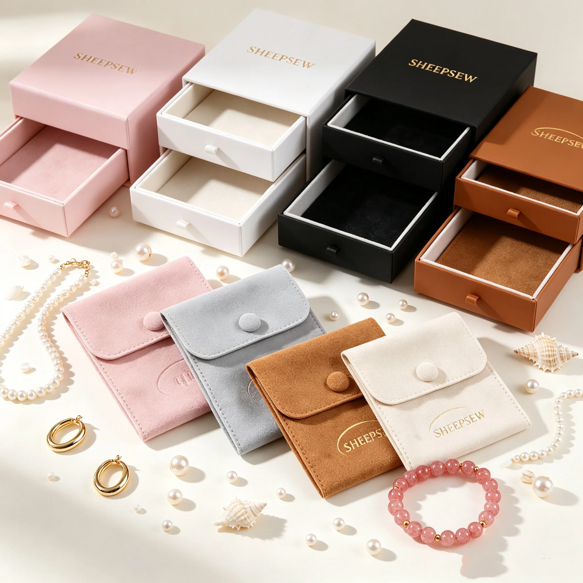 SheepSew Custom Logo Luxury Cardboard Slide Drawer Jewelry Box With Pouch, Fashion Jewellery Packaging For Necklace Ring Earring