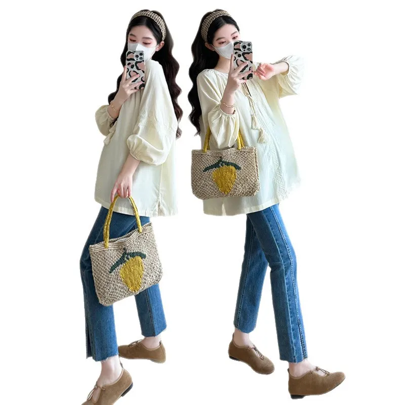 الأمومة أعلى 2025 الخريف جديد الكورية نمط فضفاض تنوعا الحد الأدنى لطيف فانوس كم بيبي دول بلوزة منتصف طول القمصان