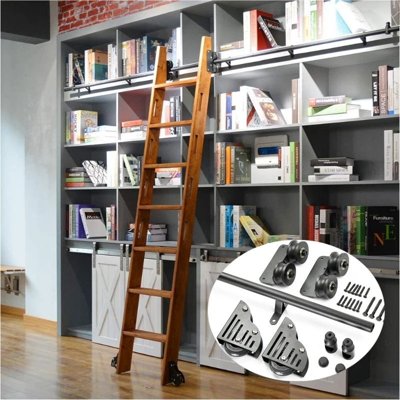 4FT(122cm) Sliding Library  Hardware Kit No Ladder，Black Rustic Round Tube Rolling Ladder Track,Floor Roller with Brake，Indoor