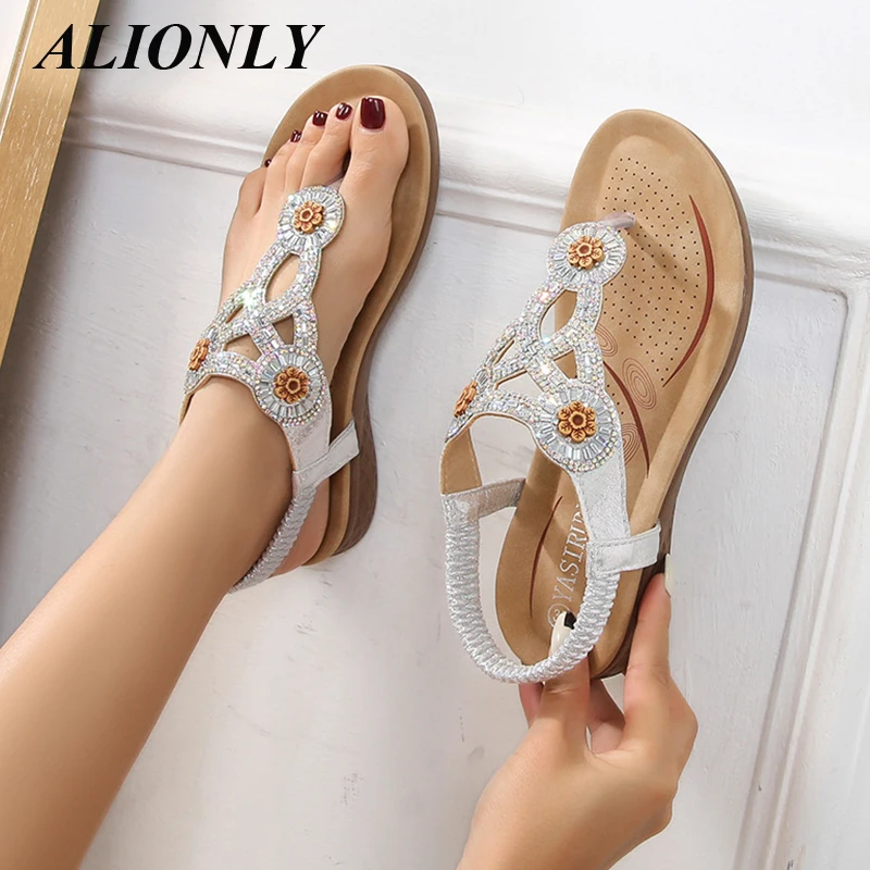 Alionly 2024 New  Rhinestone Flower Shoes For Women Flat Sandals Middle Eastern Style Chaussure Femme