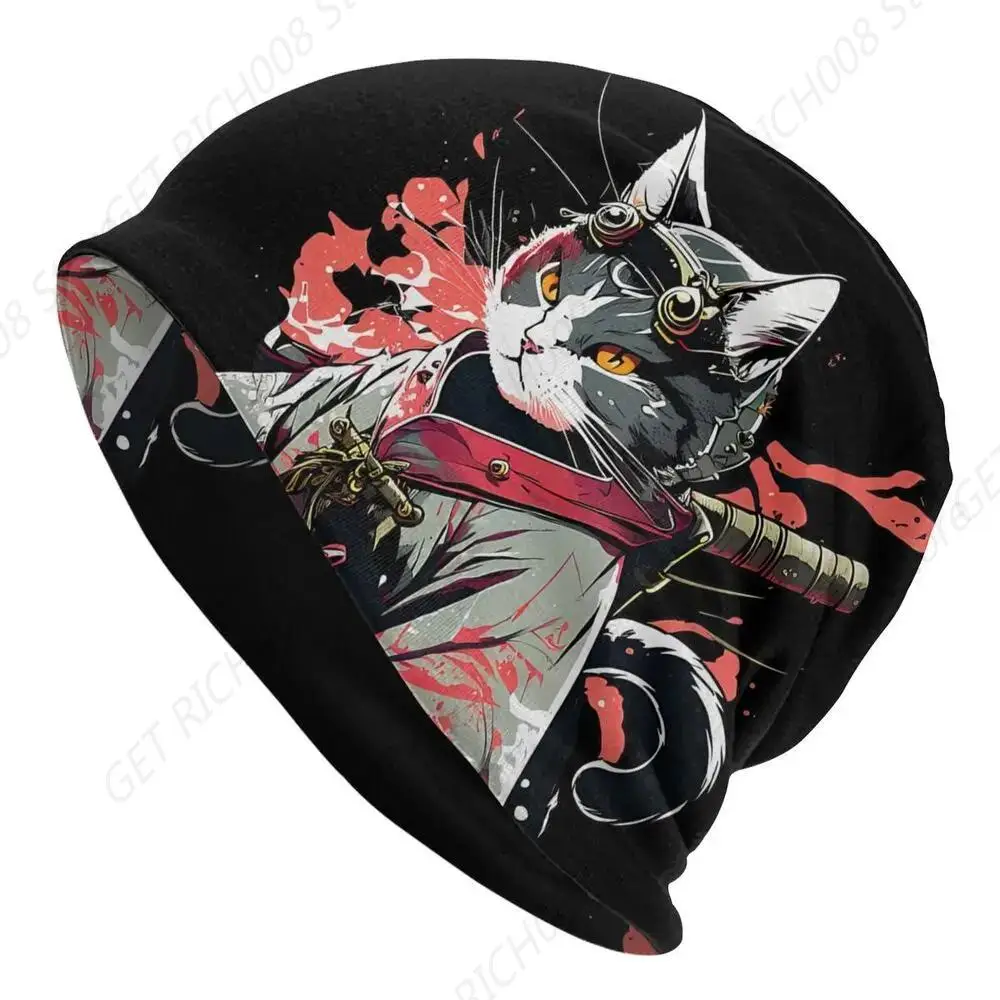 Thin Bonnet Hats Japanese Cat Animal Swordsman Men Women'S Cat Cap Hip Hop Skullies Beanies Caps