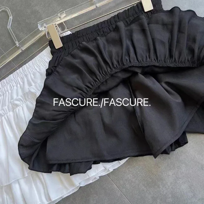 Summer Kawaii White Ruflles Skirt Women Fashion Slim Fit Chiffon Mini Skirts Giris Y2k All Match Elastic High Waist Black