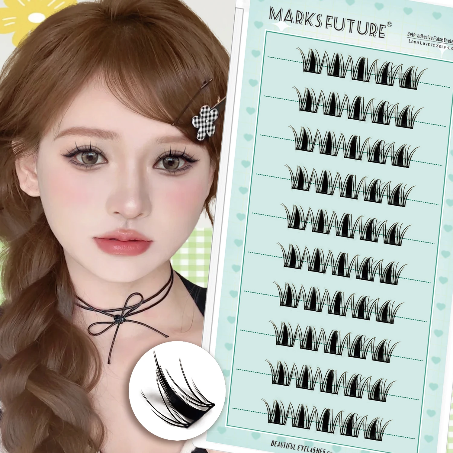 Marks Future Self-Adhesive False Eyelashes, Comic Angel Style, 50 Pieces, Large Capacity, Eyelashes with Thin Black Stems, Korean and Japanese Style. Ultra-Dense but Natural, Lively and Curly, Pure and Suitable for Photography Parties, Suitable for Daily Use. Beginner-Friendly Length 10-14 Millimeters.
