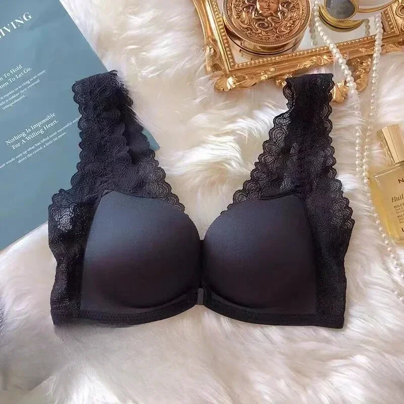 Women Front Button Bra Camisole Underwear Black M L XL Lace Shoulder Strap Breathable V Neck Gather Up Soft Comfortabl Casual