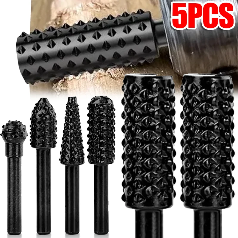 

5PCS Woodworking Slotting Drill Bit 45#Steel Coarse Teeth Wood Carving File Rasp Knife Carpentry Carving Tool Rotary Burr Rasp