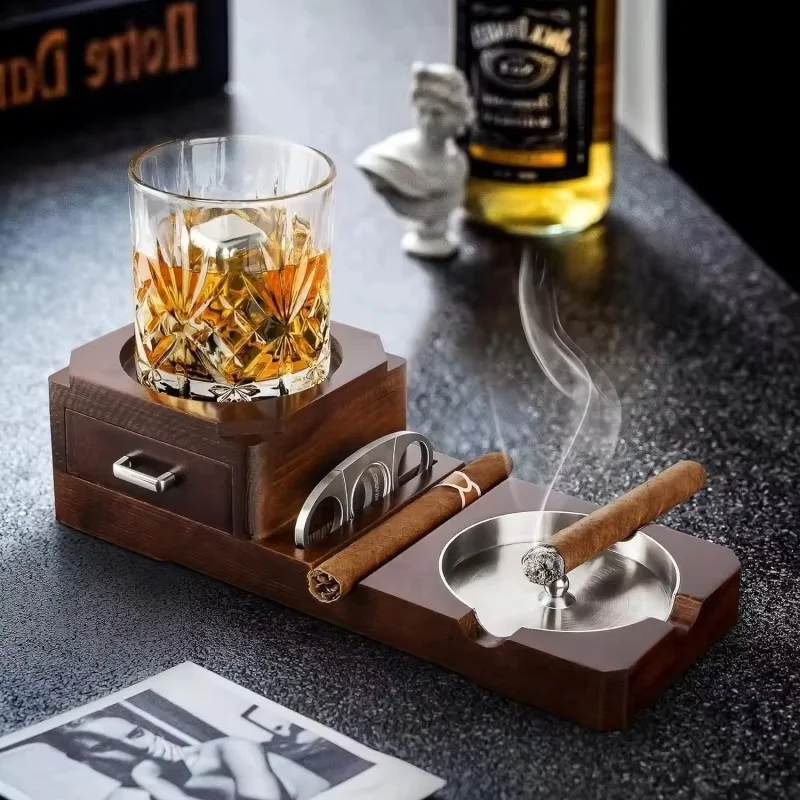 Wooden Cigar Ashtray with Drawer - Whiskey Glass Holder Cigar Holder Beverage Coaster Cigar Accessories for Men