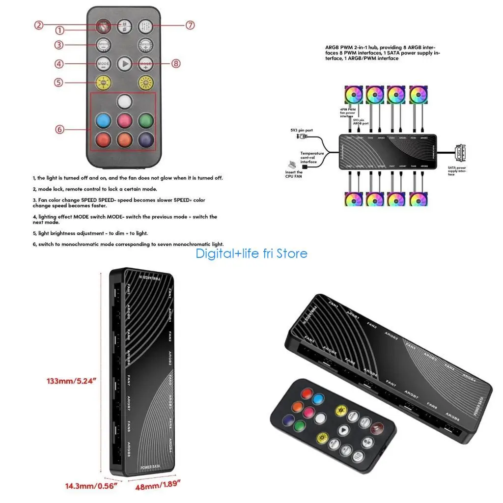 

E06D 4-контактный RGB 5 В 3-контактный ARGB ШИМ-концентратор сплиттер 8 портов контроллер разветвителя вентилятора FAN HUB