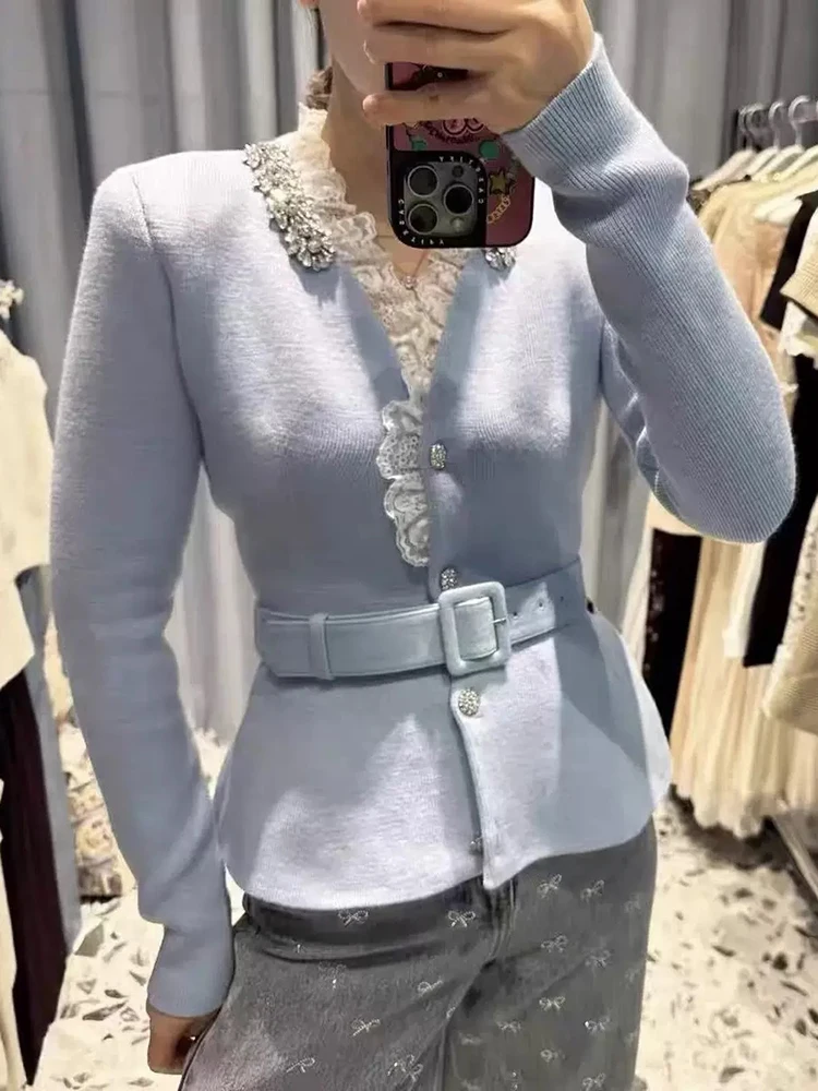 

Кружевной вязаный кардиган с v-образным вырезом, элегантное и универсальное женское пальто с синим поясом, осень 2022, новое поступление