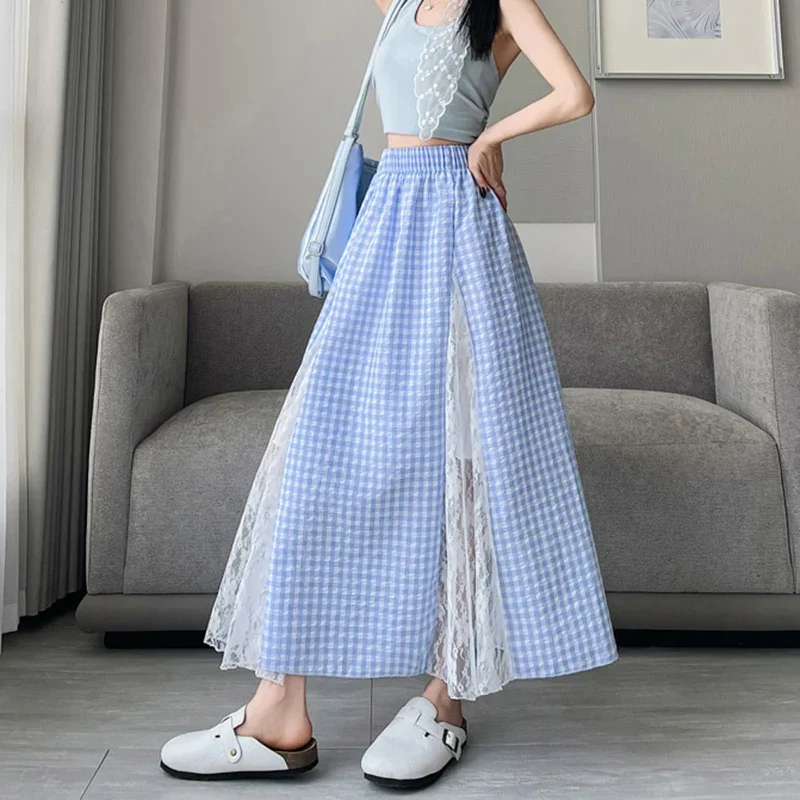 Korean Lace Patchwork Plaid Skirts Women Summer Sweet High Waist A Line Skirt Woman 2025 Fashion Pleated Loose Long Skirts Mujer