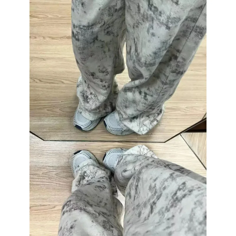 2025 Nuevos pantalones de pierna ancha con estampado Tie-dye americano MM Ropa exterior simple de cintura alta que muestra pantalones de piso drapeados altos