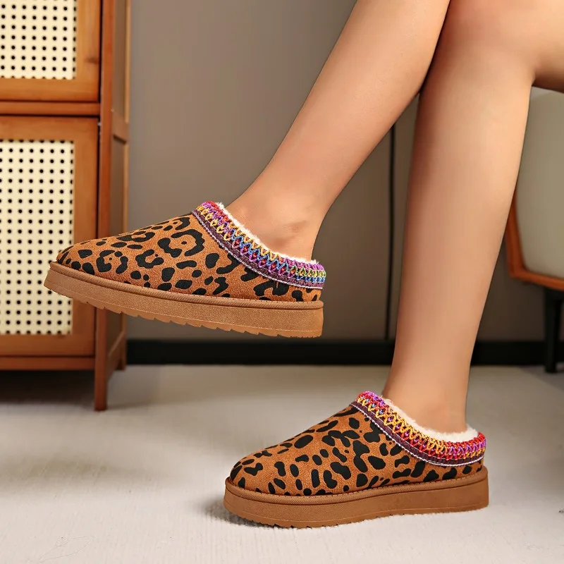 Botas de neve sem sola grossa de leopardo estampado feminino, meia pantufa, sapato de algodão quente, novo estilo, inverno 2022