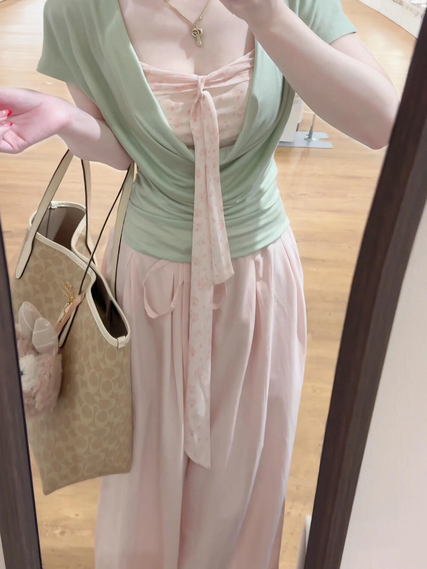 Floral Print Casual Top And Pants Set Women's Summer Korean Style Loose Fit Pink Long Pants Two-Piece Suit Elegant Draped Neck