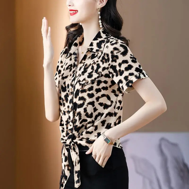 office lady Stylish Leopard Printed Blouse Female clothing Casual Single-breasted Elegant Bandage Bow Summer new Polo-Neck Shirt