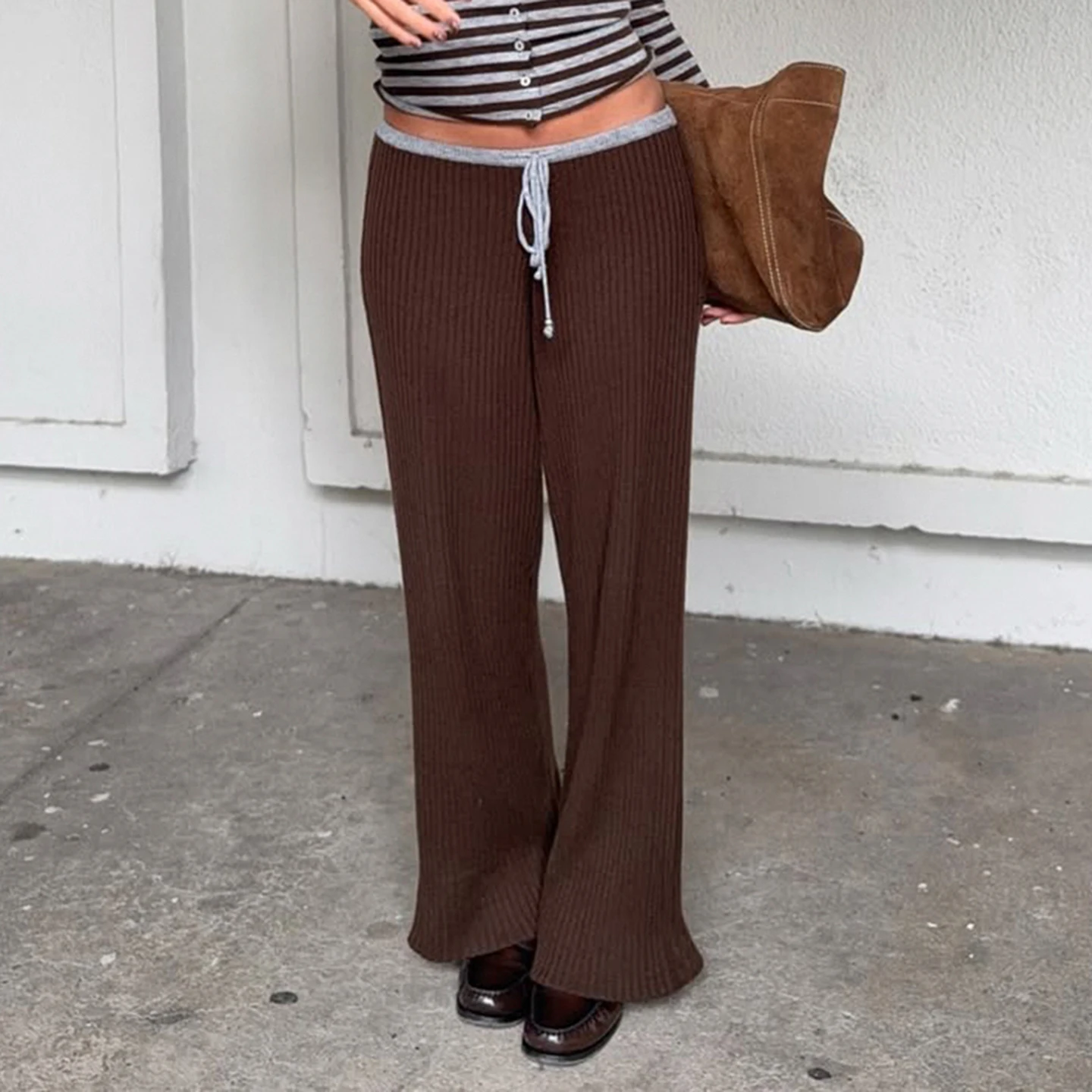 Casual Contrast Color Patchwork Knitted Pants Basic Bandage Low-Waisted Wide Leg Corduroy Pants Women 2025 Autumn Streetwear