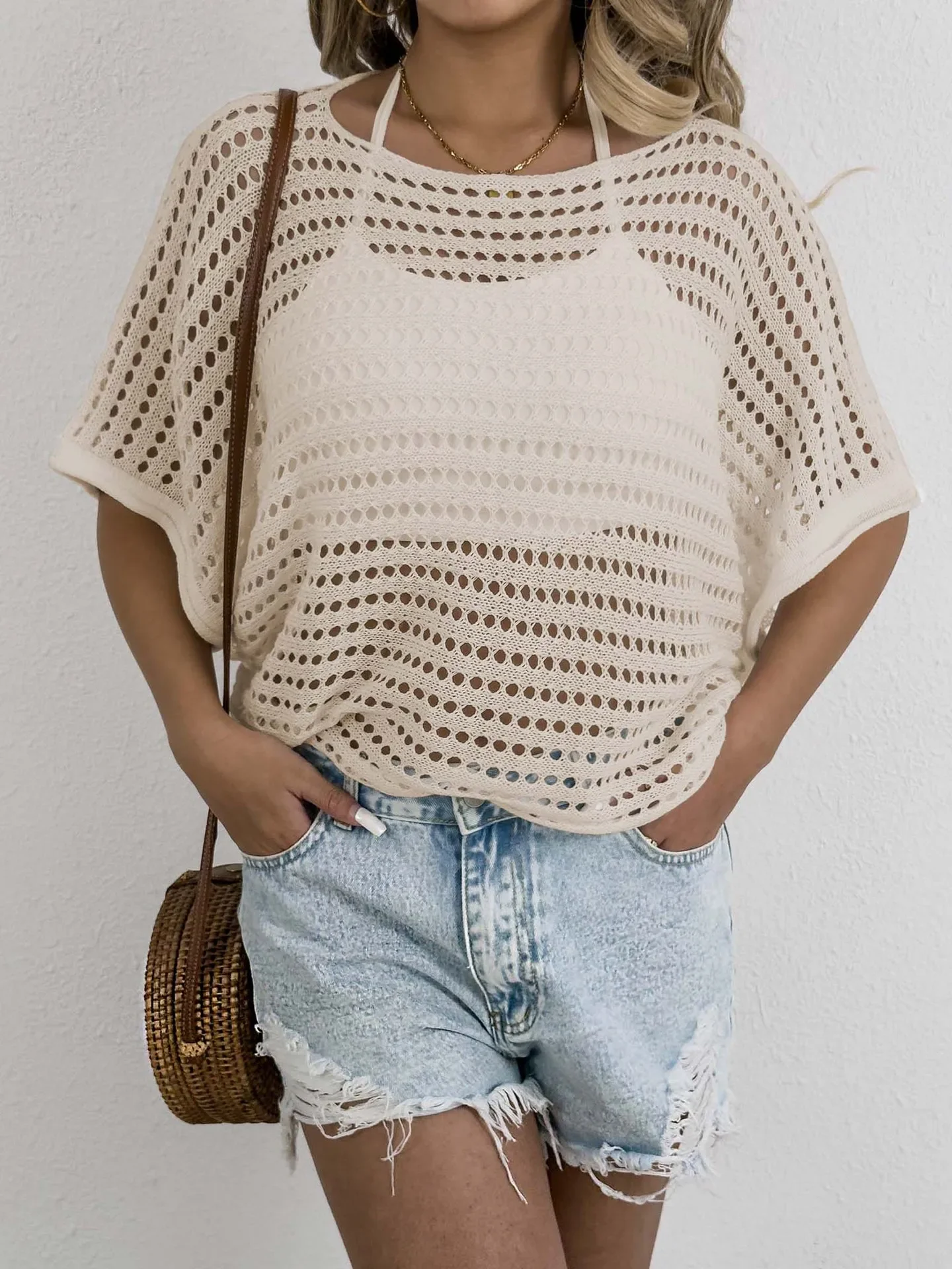 2025, neuer Trend, Strand-Vertuschung für Damen, weiße, ausgehöhlte Oberteile mit kurzen Ärmeln, schwarzes Loch, Oberbekleidung, Pareo, Sommer, lockere Tunika