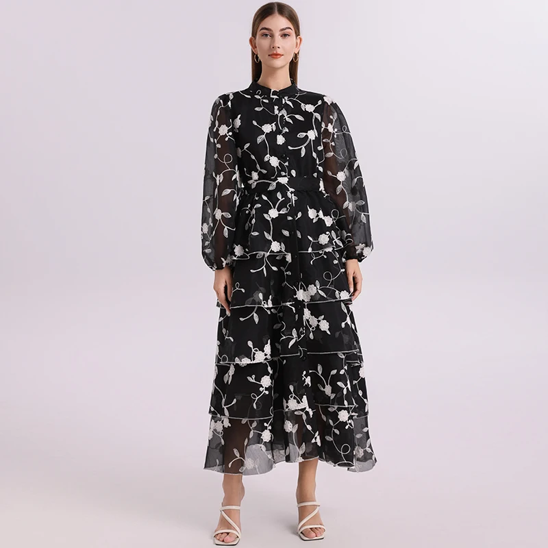 Outono retro sólido vestido feminino bordado impresso renda em camadas vestido único breasted gola mangas puff com cordão