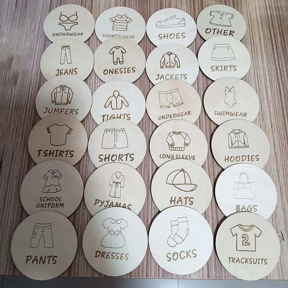 Wooden Wardrobe Labels, Kids Clothing Tag, Toy Storage Tags, Bedroom Classification Label, Baby Gifts Decoration, 24 Pcs