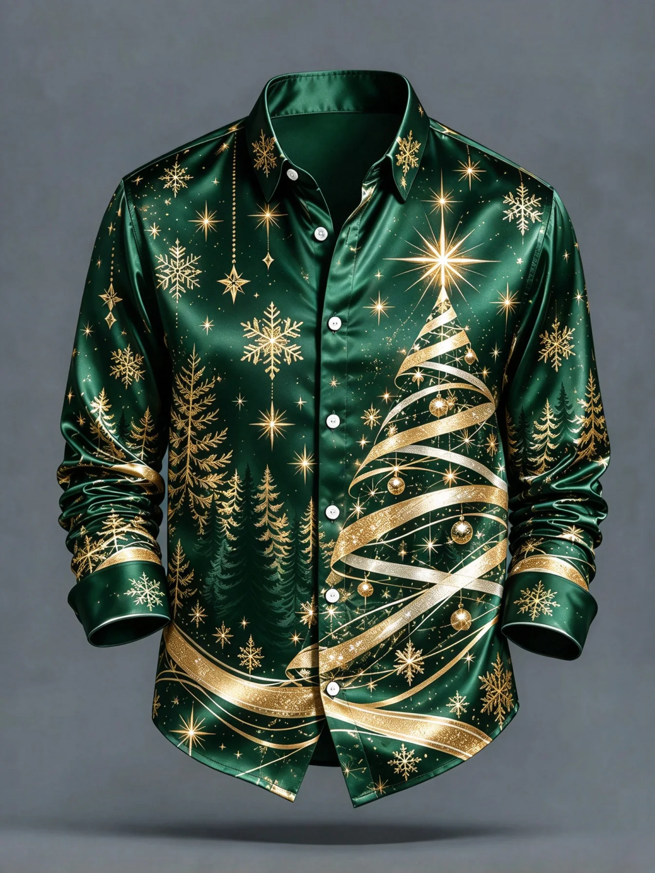 Men's Satin Long Sleeve Shirt Black Gold Christmas Tree Snowflake Print Button Down Shirt Party Holiday Dress Shirt