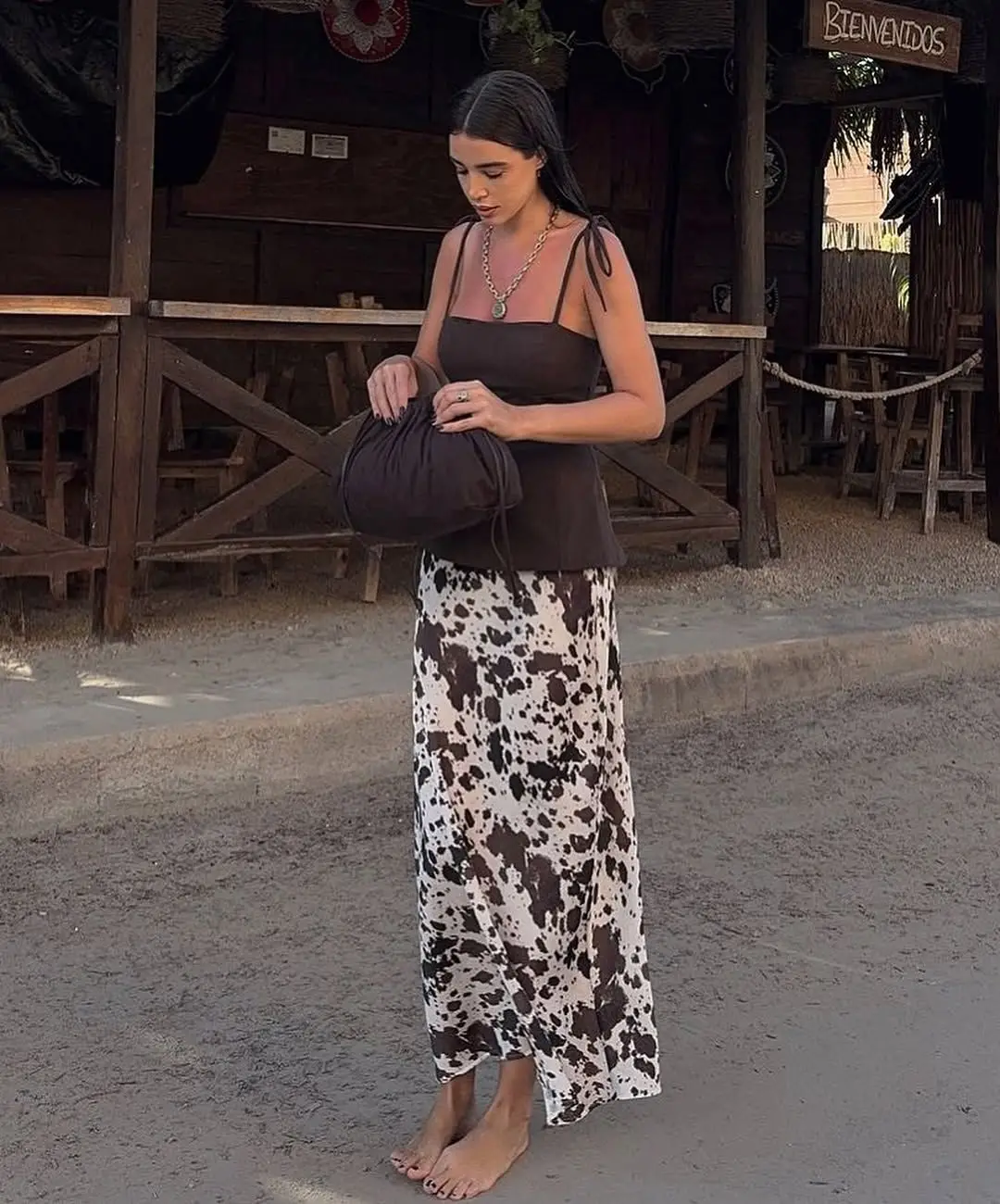 

YENKYE 2025 Women Vintage Printed Satin Long Skirt Vintage High Waist With Belt Spring Summer Skirts faldas mujer