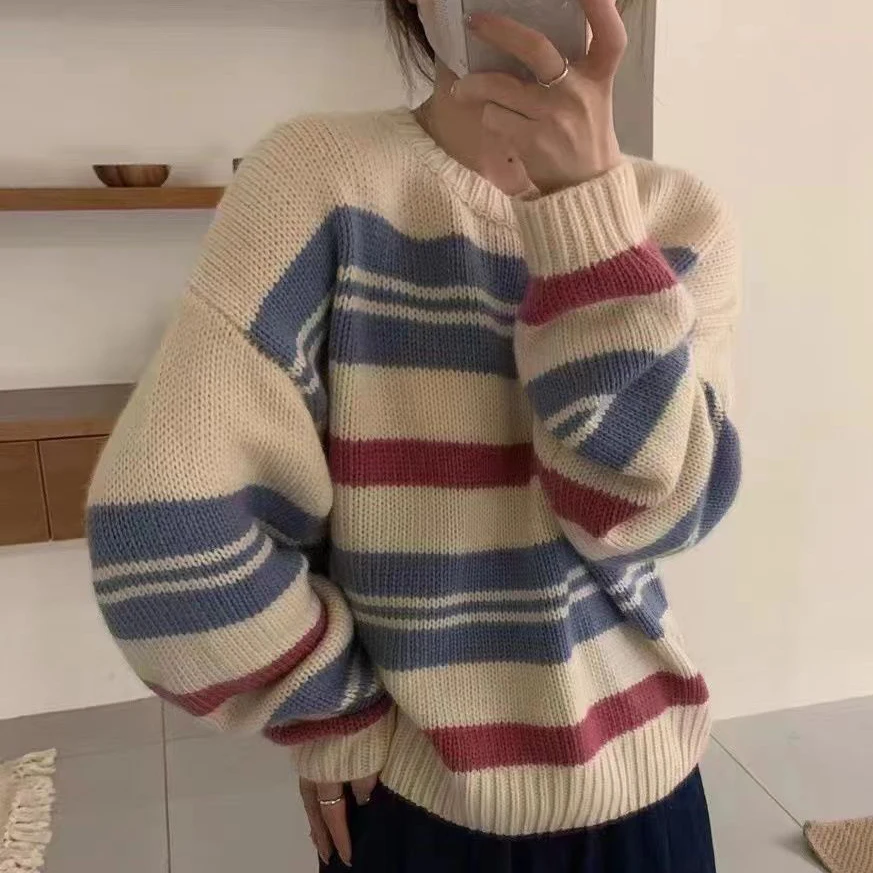 

O-Neck Fashion Patchwork Pullover Sweater 2023 Autumn Loose Casual Knitted Sweater Women's Long Sleeved Striped Bottom Sweater