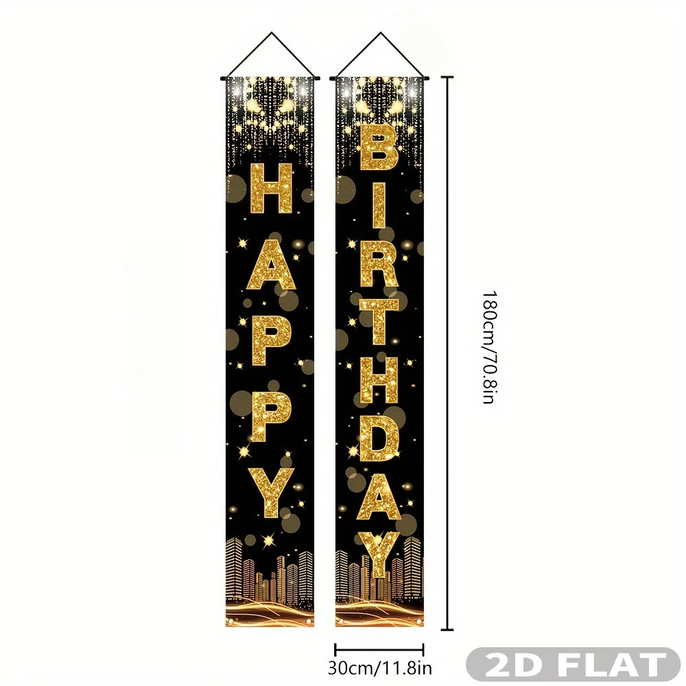 1 Pair, 2D FLAT Happy Birthday Hanging Festive Backdrops & Banners, Porch Door Couplet, 180x30cm Porch Flag Banners with Pole