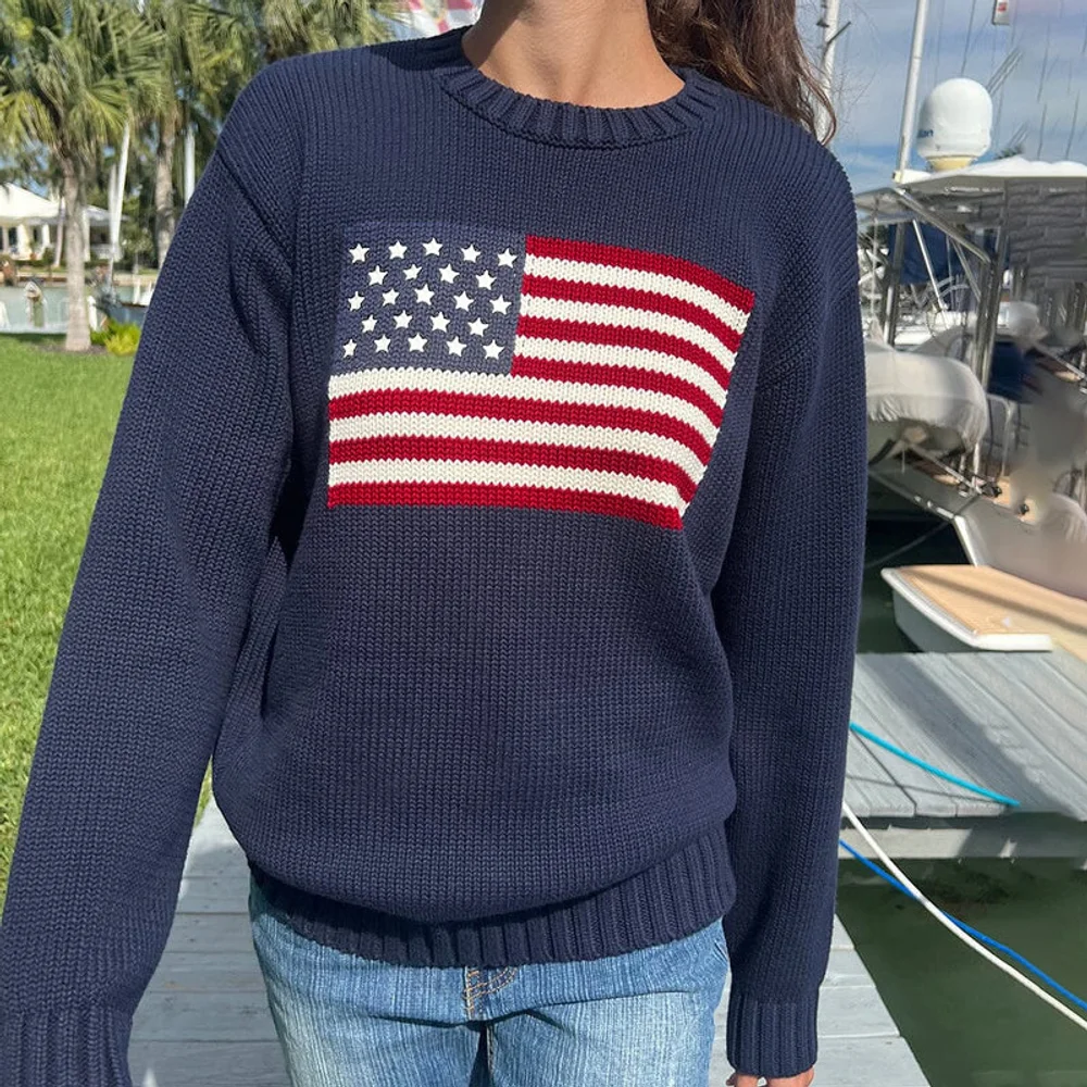 

AW Y2k American Retro British Style Flag Knitwear Women's Crew Neck Loose Pullover Long Sleeve Casual Versatile Sweater