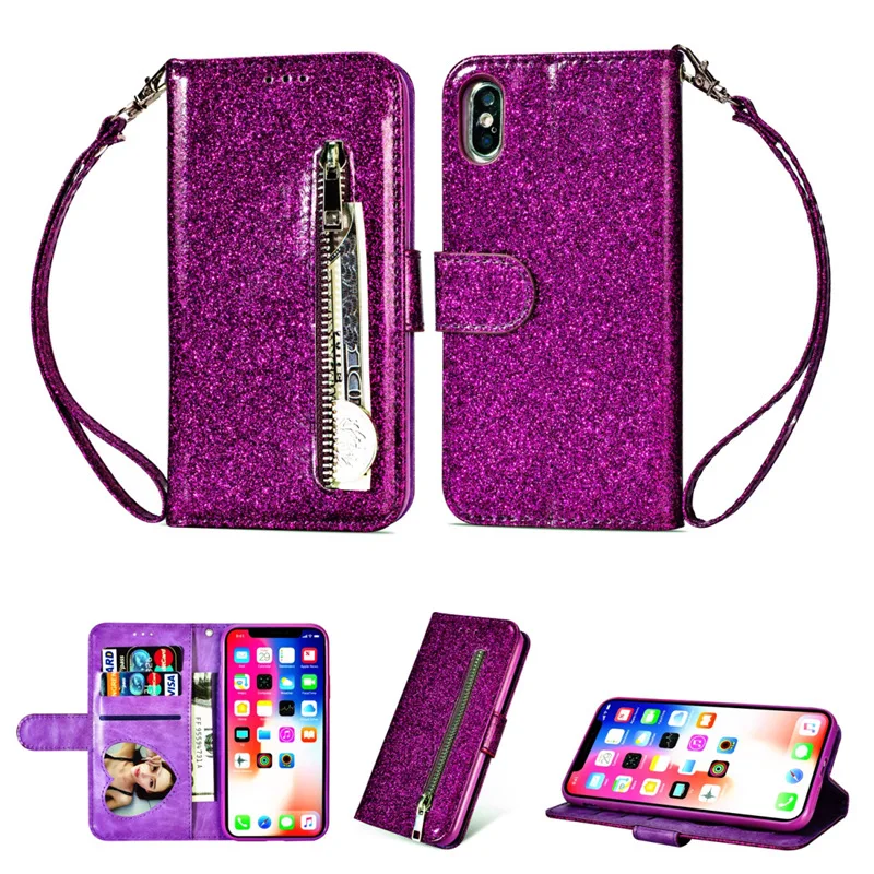Glitter Zipper Wallet Case For Samsung Galaxy A54 A34 A24 A14 A04S A04 A53 A33 A23E A23 A13 Leather Lanyard 3 Cards Flip Cover