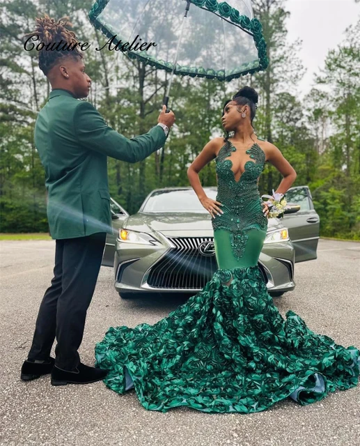 Emerald Green Flowers Train Rhinestone Prom Dress Luxury Black Girls Mermaid Cocktail Dresses Wedding Dress African robe de bal AliExpress