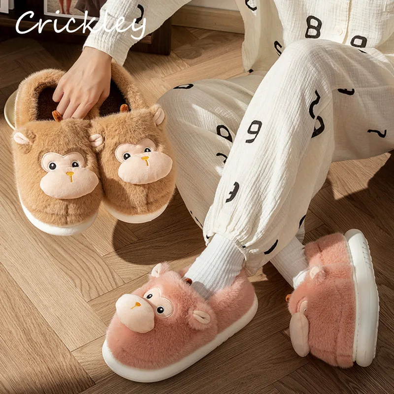 

Autumn Winter Monkey Women Slippers Cartoon Plush Warm Female House Shoes Soft Bottom Non Slip Woman Man Slippers
