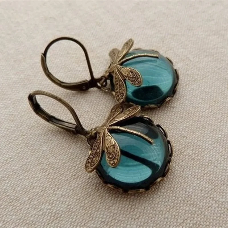 Vintage Bronze Dragonfly Earrings Fashion Gold Color Metal Carving Pattern Inlaid Moonstone Drop Earrings for Women Jewelry image 5