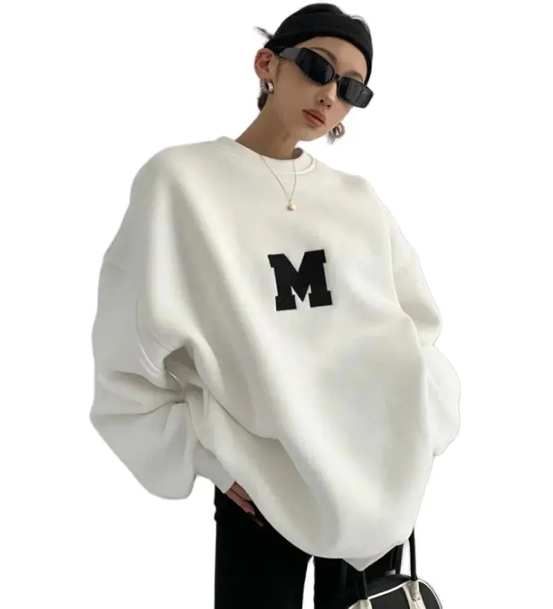 Female Hoodies Pullover Sweatshirts 2024 Winter Autumn M Letter Print White Gray Black Round Neck Simplic And Casual Style