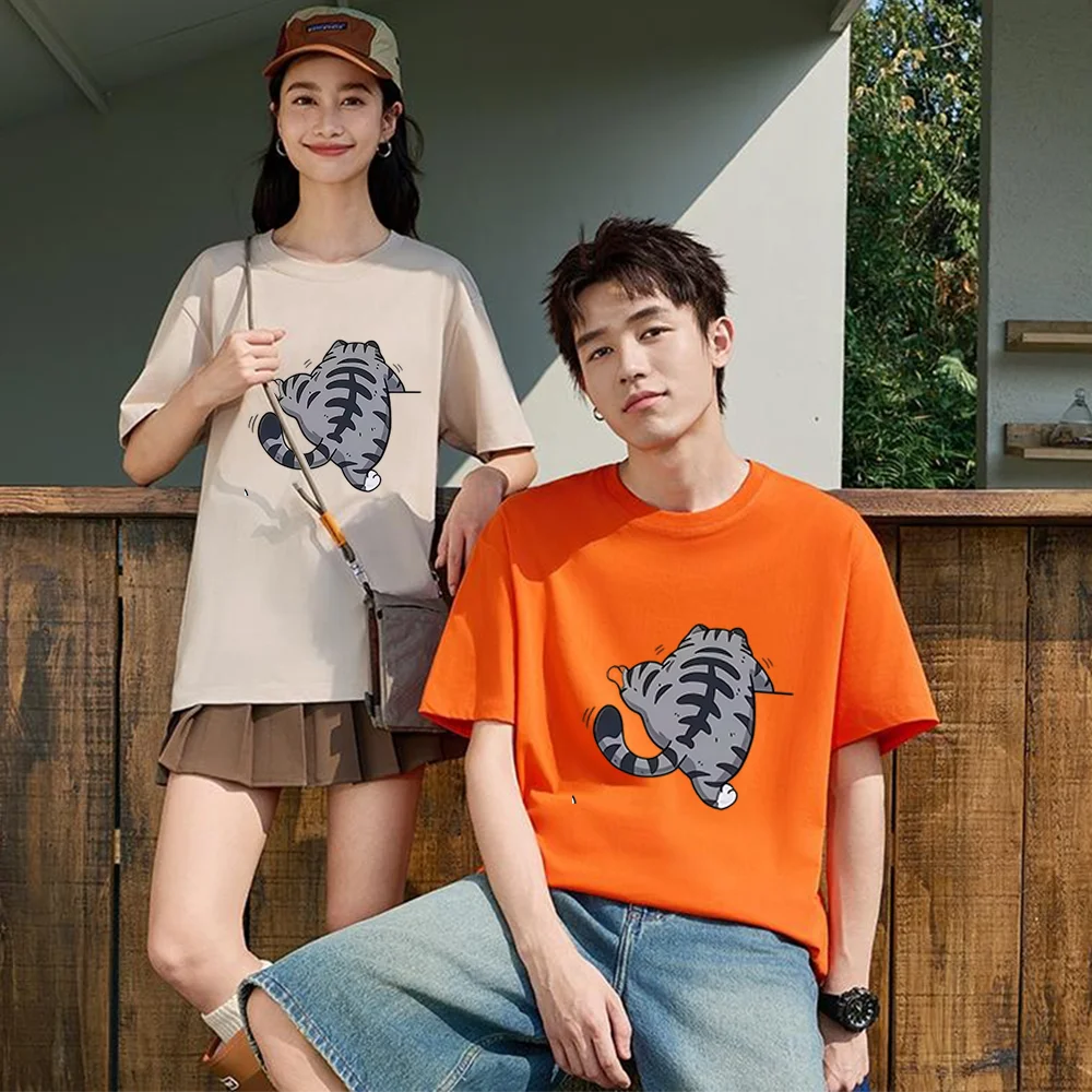 Cute Fat Tiger Back Print Printed T Shirt Breathable Fabric S-XXL Personalized Custom Casual Short Sleeve Tee Unisex Fit Aesthet