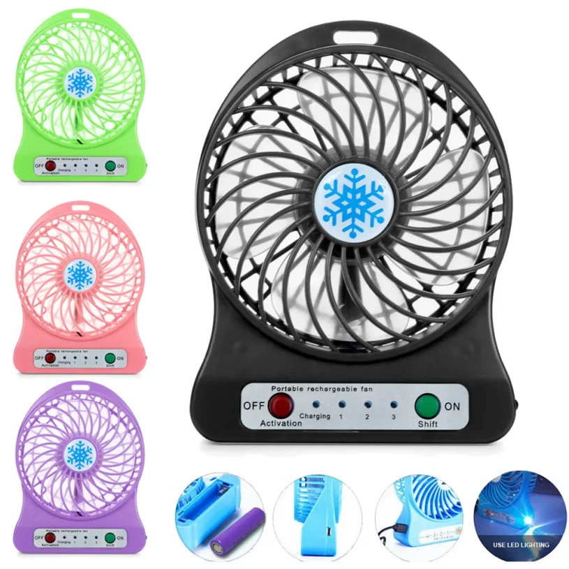 Portable Rechargeable LED Light Fans  Cooler Mini Desk USB 18650 Battery Fan Solid Color Portable Plastic Fans