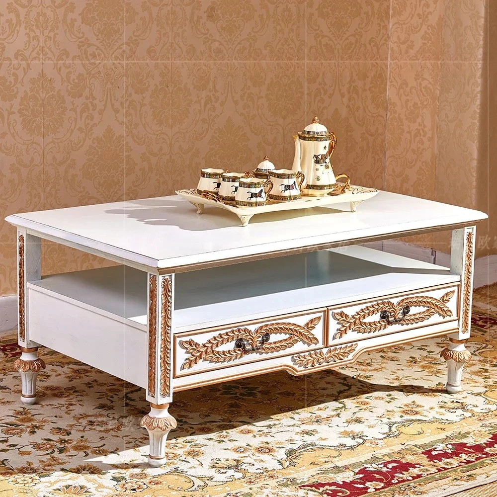 American-Style Solid Wood Large Coffee Table TV Cabinet Unit Double-Sided Drawer Square Table