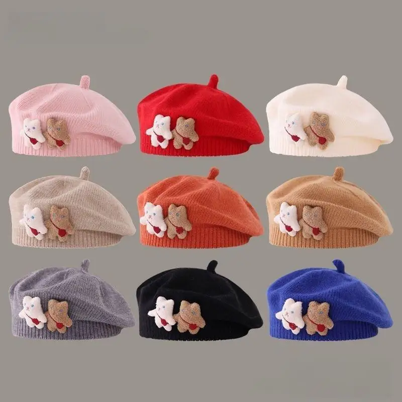 

Очаровательная шапочка-бини с медвежьим ремешком, вязаный берет однотонного цвета для маленьких девочек, шапки художника на зиму и осень