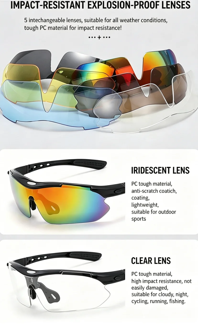 Outdoor Cycling Goggles Set with 5 Replacement Lenses, Anti-Shock PC Lens / Polarized Lens, Ideal for Fishing and Bike Sports