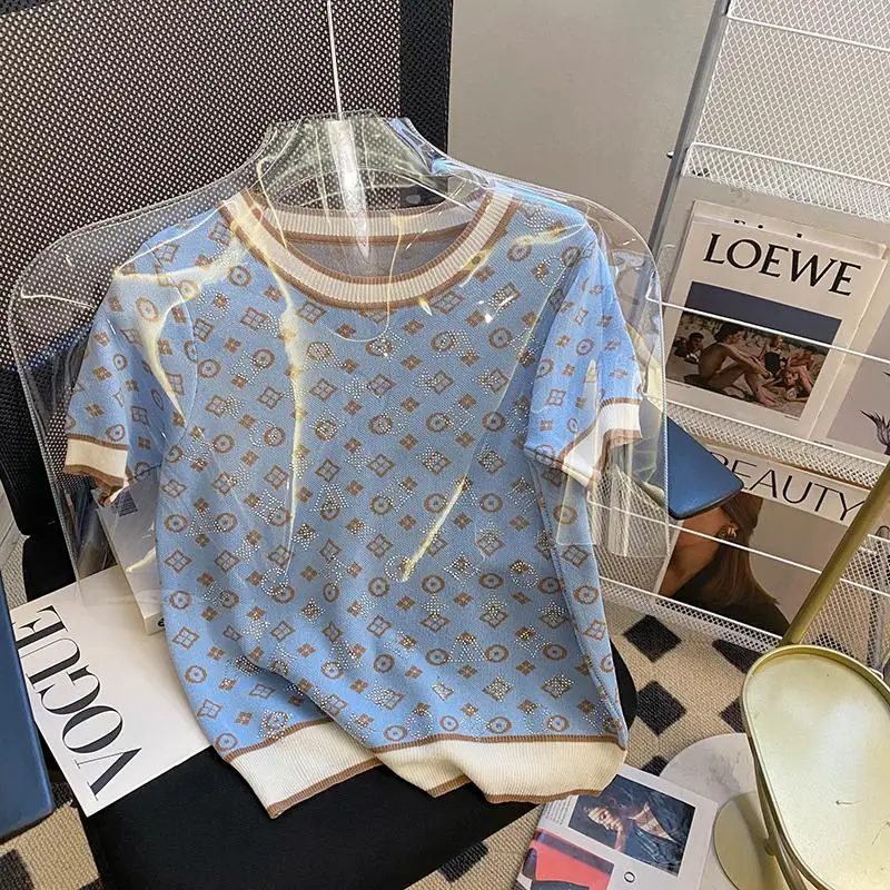 Summer Women Sweater Short Sleeve Fashion Knit Glitter Stones Tshirt Femme Vintage Luxury Designer Slim Leisure Knitwear Tops