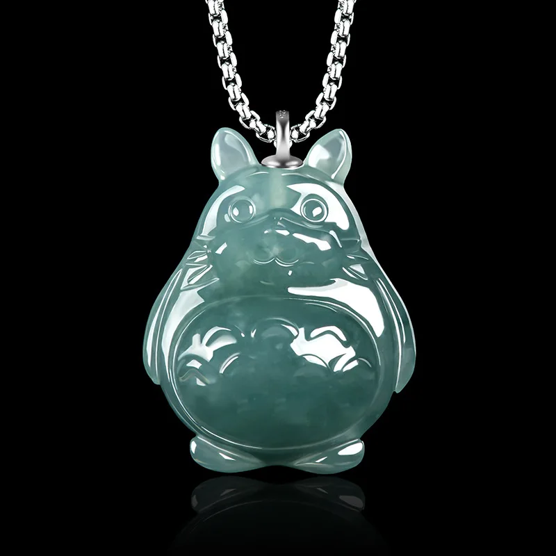 Collar con Colgante de Totoro de Jadeíta Birmana Azul, Amuleto de Piedra Preciosa Natural, Plata 925, Talisman de Lujo de Diseñador, Jade Birmano
