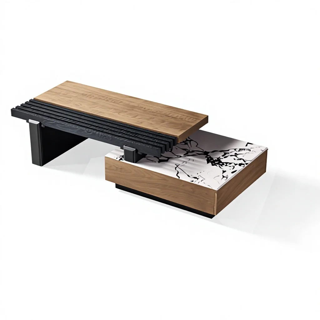 #Adjustable Designer Wooden Coffee Table Modern Style Panel Stainless Steel Frame for Home Furniture Black Living Room HY Brand