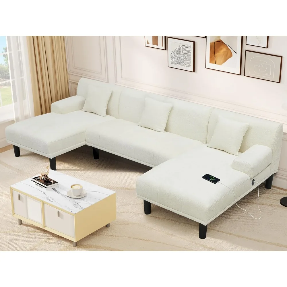 Sectional Couches , UShaped Sofa Chenille Modern Couch with USB & Type C Charging Ports Double Chaise and Comfy Upholstered Sofa