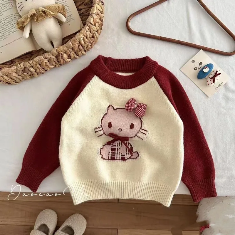 

Kawaii Hello Kitty Sanrio Children Cute Cartoon Comfortable Warm Knit Sweater Adding Fleece Windproof Blouse Gift for Kids