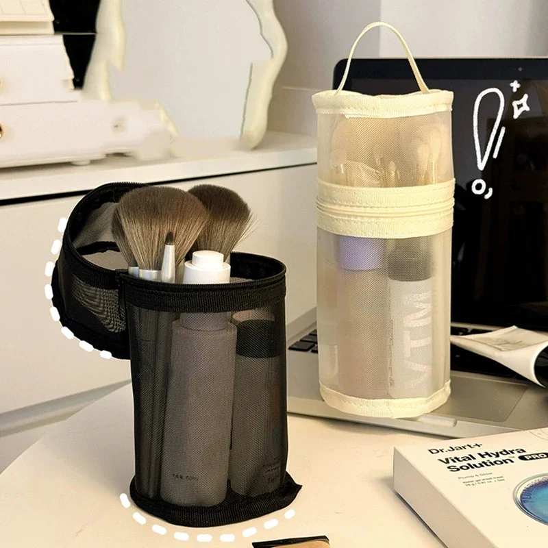 

Mesh Dual-Use Makeup Brush Storage Bag - Portable Large-Capacity Case | Stand-Up Travel Pouch & Brush Bucket Holder
