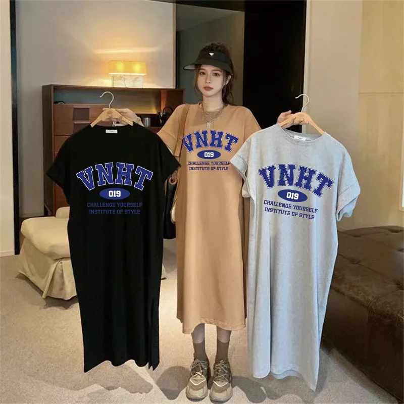 

Summer Stylish Letter Style Print Loose Comfortable Round Neck Short Sleeve Women's Large Size Dress