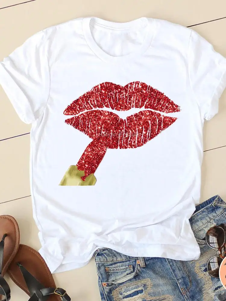 Clothing Summer Short Sleeve Watercolor Lip Sexy New Ladies Casual Women Fashion Graphic Tee T-shirts Female T Shirt Clothes