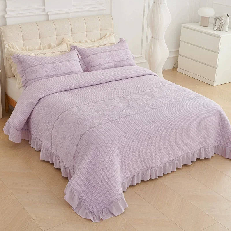 Sand-Washed Cotton Quilt Set 3-Pieces Queen Size Bed CoEmbroidered Ruffle Bedspread & Coverlet Quilted Blanket for Bed Comforter