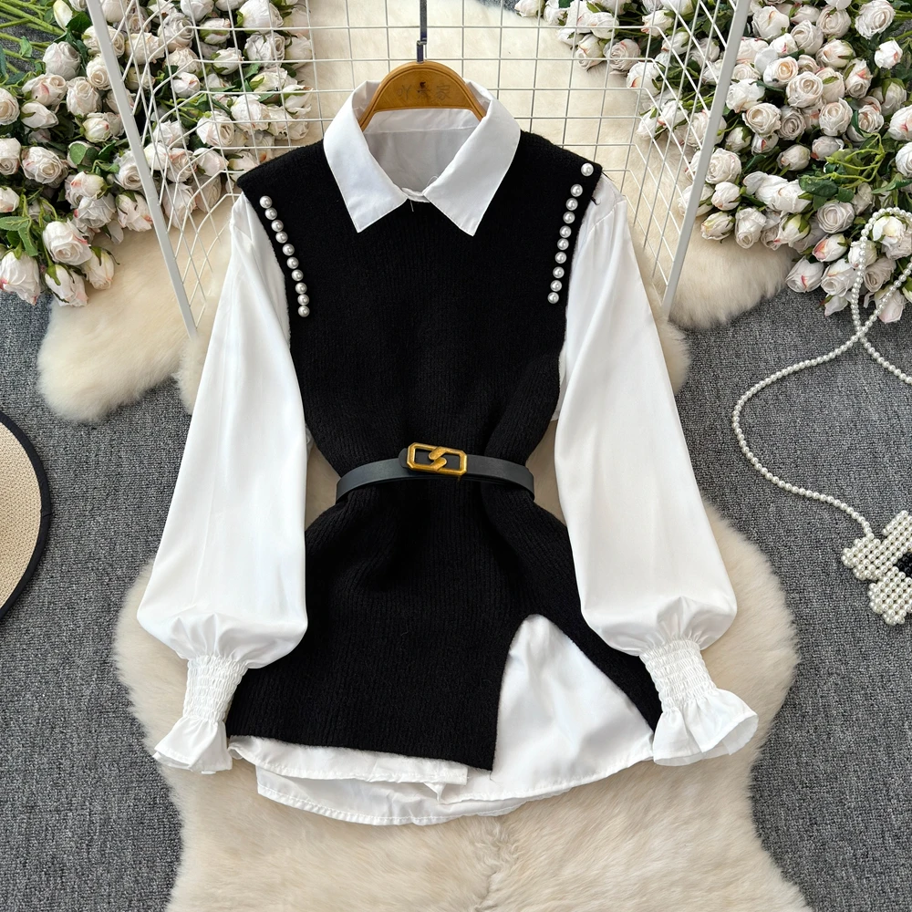 Autumn Winter Shirt Knitted Vest Two-Piece Set for Women Small Fragrant Blouse With Vest Two Piece Shirt Set