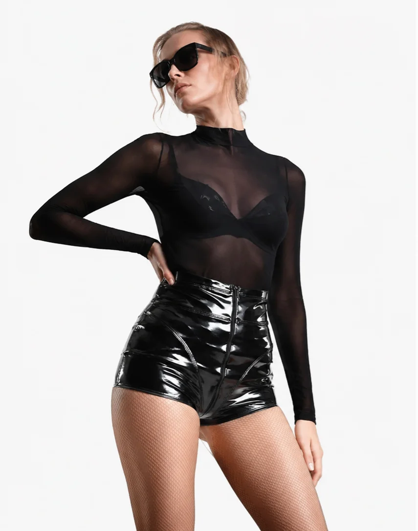 Sexy Faux Latex Shorts Women Exotic Open Crotch Zip PU Hot PantsLadies Shiny Patent Leather Splice Shorts Clubwear New Custom view 2